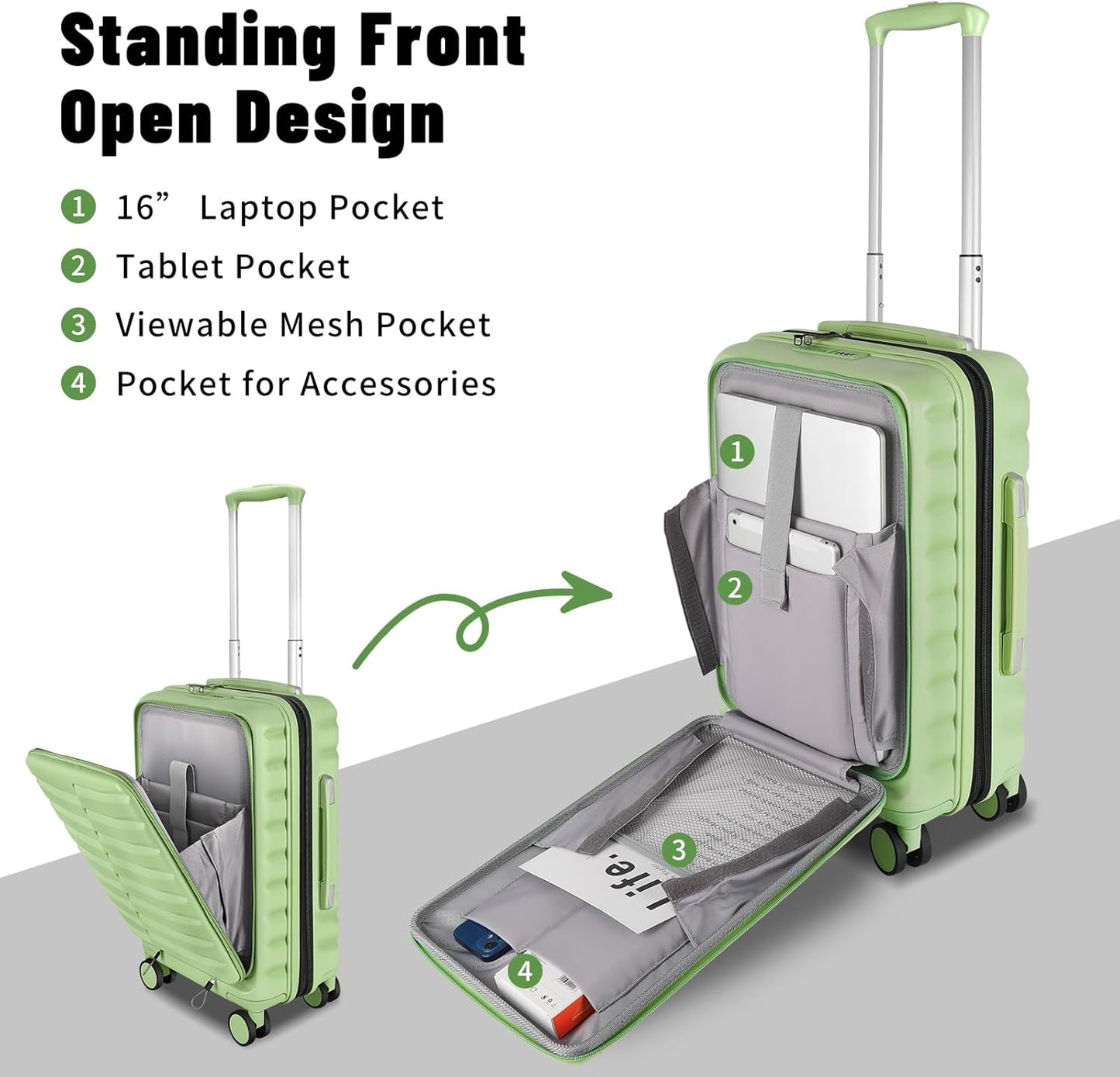 22×14×9 Airline Approved Carry On Luggage with Front Open Pocket, Spinner Wheels, ABS+PC Hardshell Small 20inch Suitcase with Protective Cover and Luggage Tag, Avocado Green