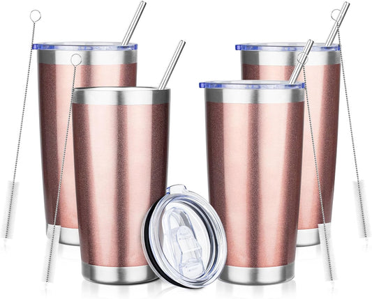 20oz Tumbler with Straw and Brush, Stainless Steel Vacuum Insulated tumbler, Double Wall Insulated Coffee Tumbler for Outdoor, Home, Travel,Office (Rose Gold,4pcs)