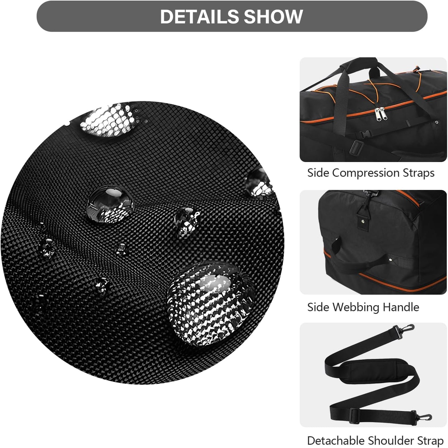 Vomgomfom 32" Soft-Sided Foldable Wheeled Travel Duffel Bag,Expandable 110L to 140L Rolling Cargo Bag with 2 Wheels and Multiple Pockets,Black-orange