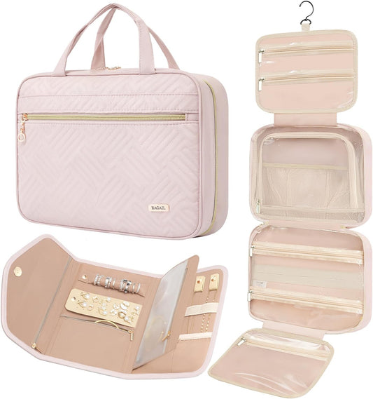 BAGAIL Hanging Toiletry Bag for Women Water-resistant Cosmetic Bag Large Capacity Travel Makeup Organizer for Full-Sized Travel Essentials(Classic+Jewelry Bag, Pink)