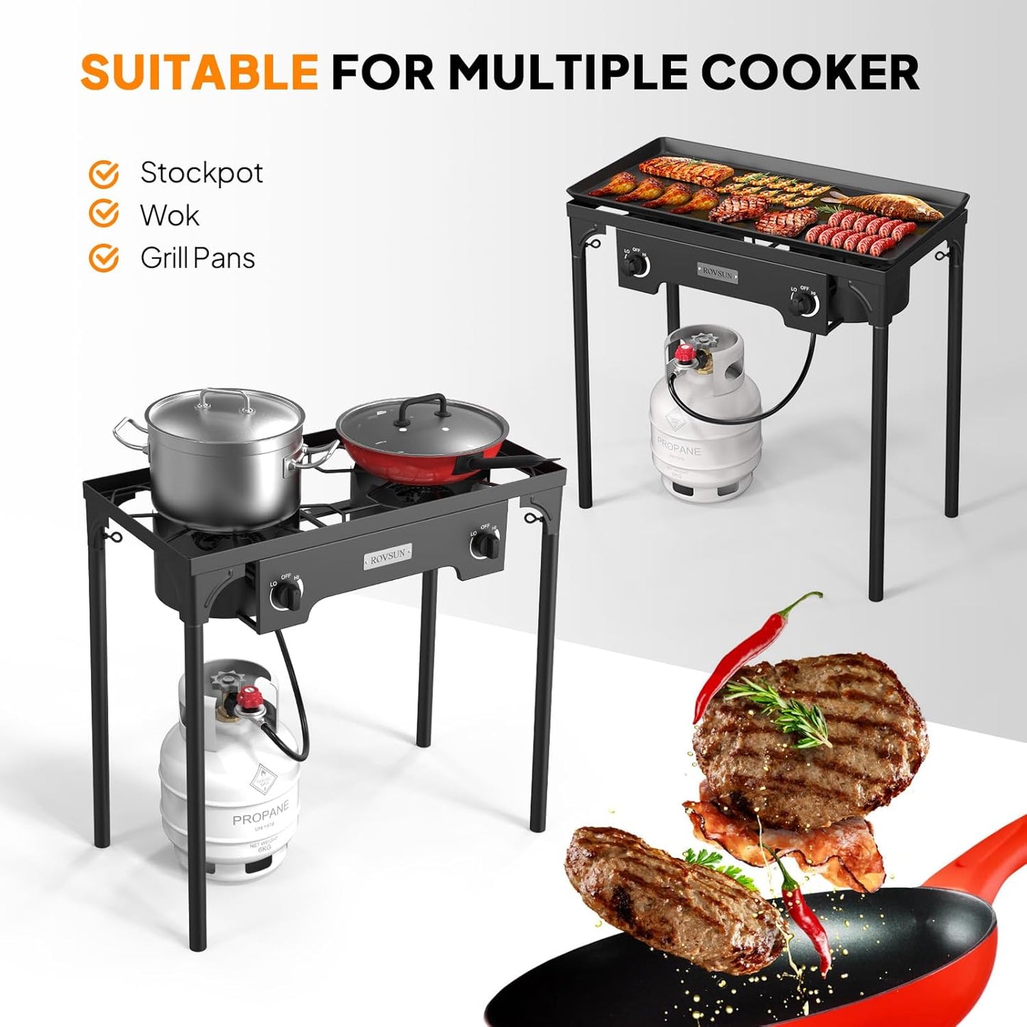 ROVSUN 2 Burner Outdoor Propane Gas Stove 150,000 BTU High Pressure Stand Cooker for Backyard Cooking Camping Home Brewing Canning Turkey Frying, 20 PSI Regulator