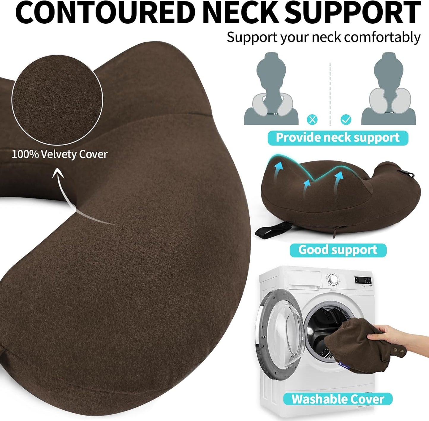 Inflatable Travel Neck Pillow for Airplane, Head Support Velvet Adult Neck Pillow for Long Flight, Kit with Eye Mask, Earplugs and Storage Bag,1, Brown