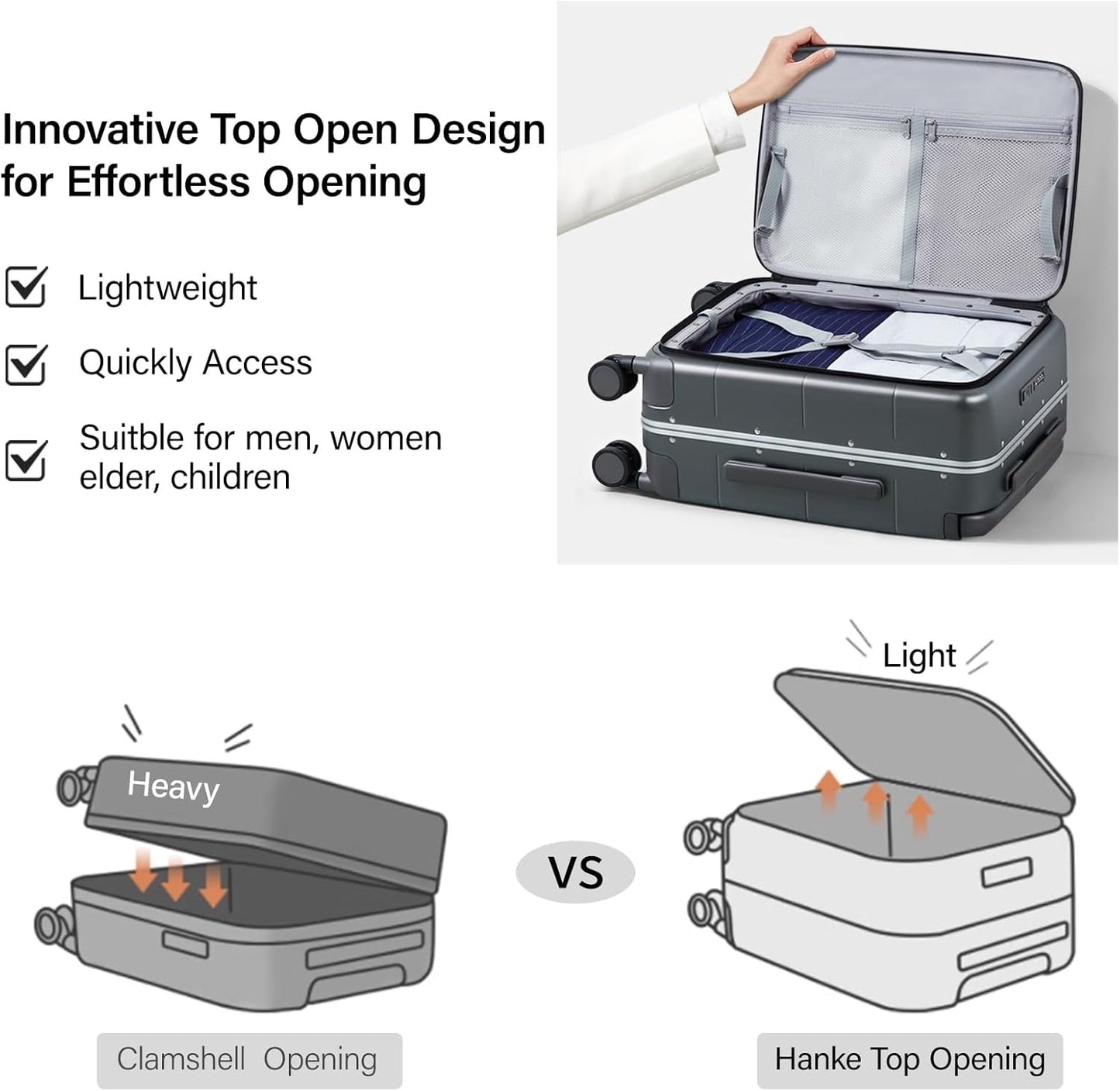 Hanke Top Opening Carry On Luggage, 20 Inch Zipperless Aluminum Frame Wide Handle Luggage, All-PC Hard Shell Trunk Suitcase with Spinner Wheels, TSA Airline Approved (Graphite Grey, 40L)