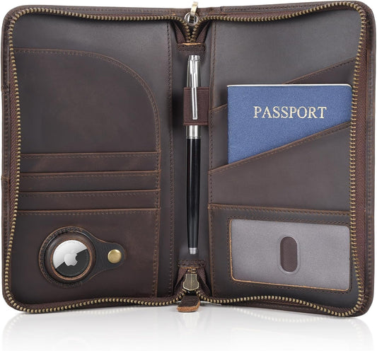 Polare Full Grain Leather Passport Holder With YKK Zipper RFID Blocking Travel Document Organizer Ticket Holder Cover Case Holds 2 Passports (Dark Brown with AirTag Slot)