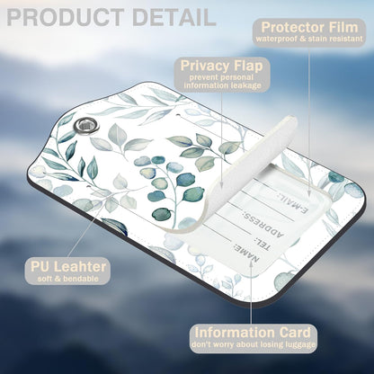 2 Pcs Green Eucalyptus Leaves Luggage Tags for Suitcases PU Leather Baggage Tags Name ID Label with Privacy Cover and Stainless Steel Loop for Men Women Travel Bag Suitcase