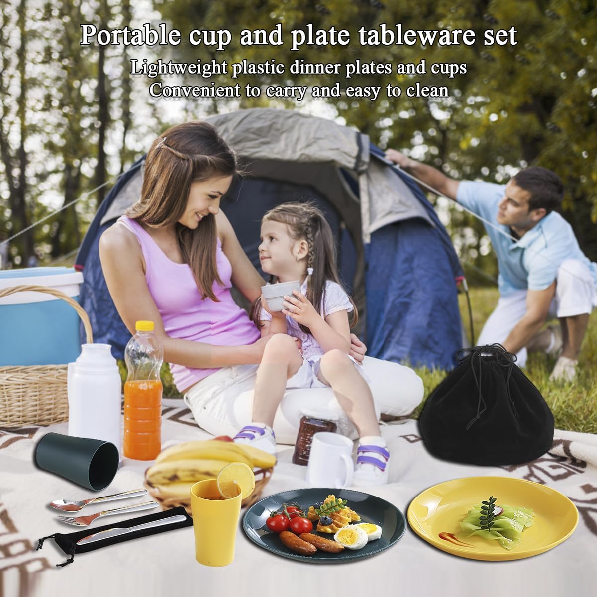 Evanda Camping Cutlery Set, Reusable Light Weight Mug, Plate and Stainless Steel Cutlery Set with Black Bag, Dishwasher Safe