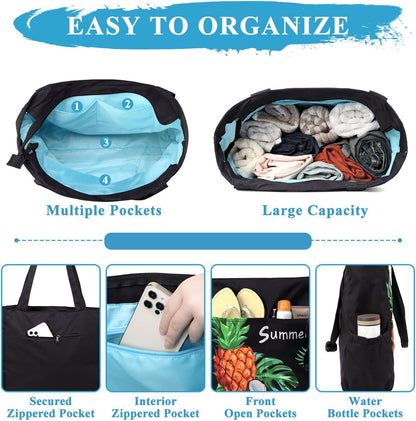 VASCHY Beach Bag for Women, Large Waterproof Sandproof Fold-able Packable Pool Tote Bag w Zipper/Pockets