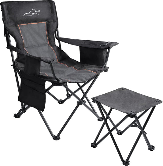 FAIR WIND Oversized Padded Camping Chair with Footrest Stool Set Heavy Duty Support 300 LBS Cooler Bag Chair - Black