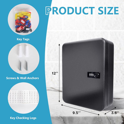 72 Position Key Cabinet with Combination Lock Wall Mount, Black Steel Locking Key Organizer Safe Security Storage Lockbox Holder for Valets, with Colorful Key Tag Labels Stickers and Hooks