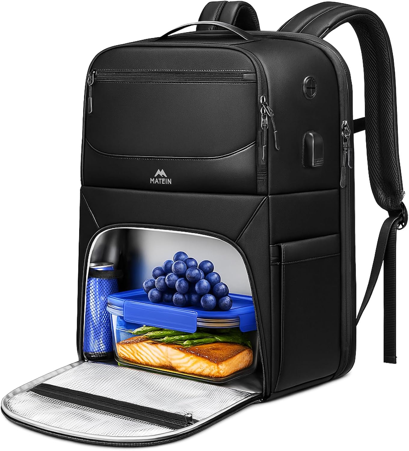 MATEIN Work Backpack with Lunch Compartment, Waterproof PU-coated Meal Prep Backpack for Men with Cutlery Pocket, Large 17 Inch Laptop Back Pack with USB Port, Insulated Cooler Bag for Office Picnic