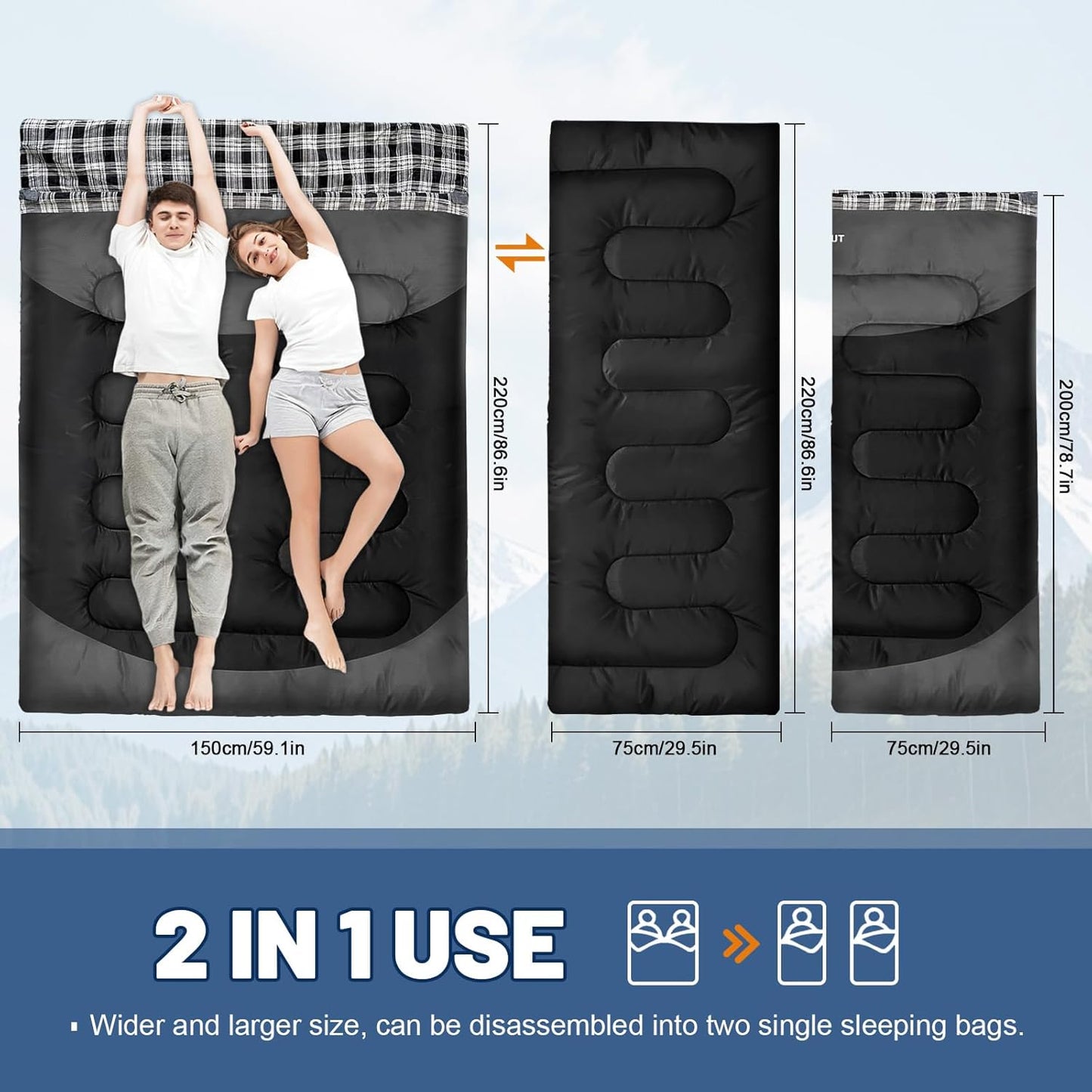 Double Sleeping Bag for Adults Machine Washable 2 Person Camping Sleeping Bag Queen Size Waterproof with Compression Sack for Cold Weather 3-4 Seasons