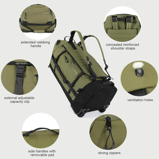 Rolling Duffle Bag with Wheels,86L 30”Folding Duffle Backpack with 2 Wheels,Travel Bag with Separate Shoe Compartment,Green
