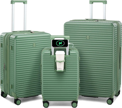 Hard Shell Suitcases Expandable Travel Luggage Sets 3 Piece, Carry on and Check in 3 Piece Luggage Suitcase Sets with Spinner Wheels Cup Holder Charger Built in (Forest Green, 20/24/28)