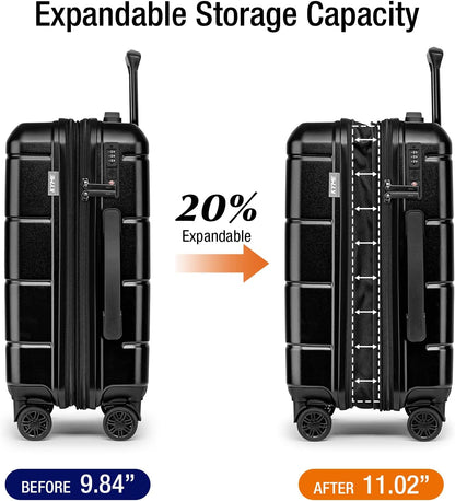 KYME Carry On Luggage 22x14x9 Airline Approved Expandable with Cup Holder 20 Inch Hardshell Carry-On Suitcase with Spinner Wheels TSA Lock Small Lightweight Travel Rolling Luggage Black
