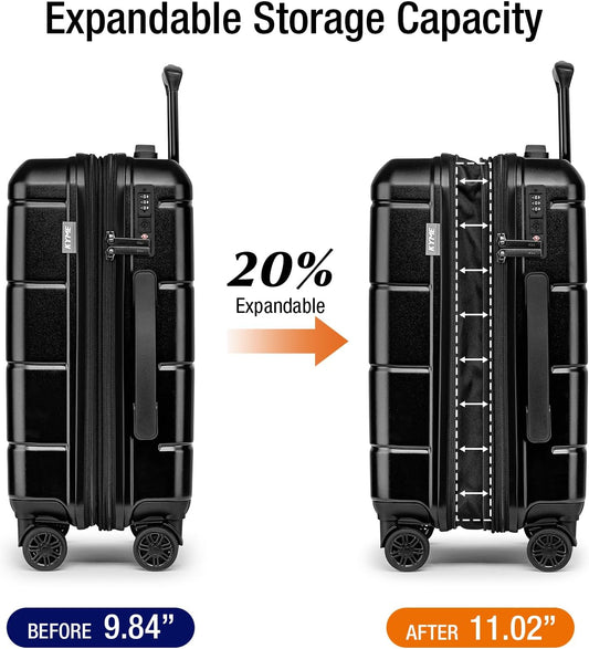 KYME Carry On Luggage 22x14x9 Airline Approved Expandable with Cup Holder 20 Inch Hardshell Carry-On Suitcase with Spinner Wheels TSA Lock Small Lightweight Travel Rolling Luggage Black