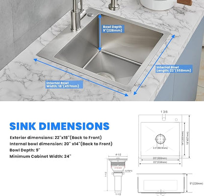 POPFLY 22 Inch Kitchen Sink, 22 x 18 Inch Drop in 18 Gauge Stainless Steel - Image 7