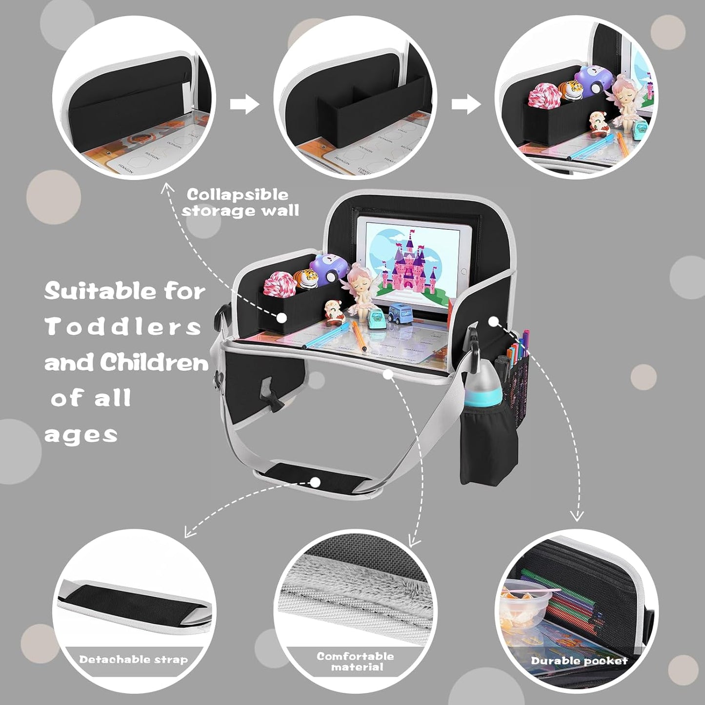 MENZOKE Car Seat Tray for Kids with Large Educational Drawing Board, Tablet Stand & Cooler Cup Holder, Essential for Family Road Trips, Airplane Rides & Daily Commutes, Black