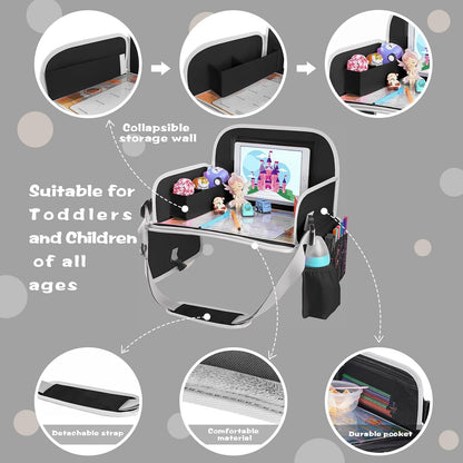 MENZOKE Car Seat Tray for Kids with Large Educational Drawing Board, Tablet Stand & Cooler Cup Holder, Essential for Family Road Trips, Airplane Rides & Daily Commutes, Black
