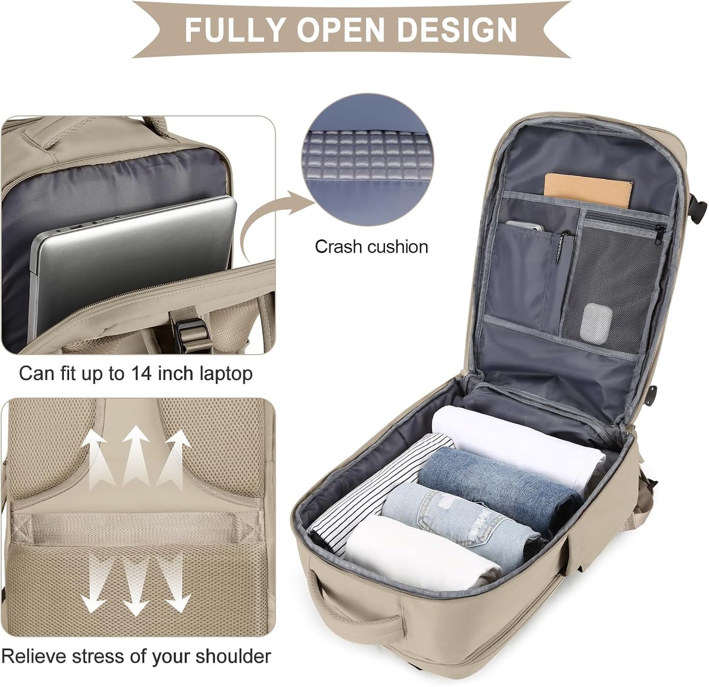 coowoz Large Travel Backpack For Women Men,Carry On Backpack Flight Approved,Hiking Backpack Waterproof Outdoor Rucksack Casual Daypack Fit 15.6 Inch Laptop Shoes Compartment (Khaki-L)