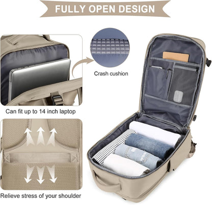 coowoz Large Travel Backpack For Women Men,Carry On Backpack Flight Approved,Hiking Backpack Waterproof Outdoor Rucksack Casual Daypack Fit 15.6 Inch Laptop Shoes Compartment (Khaki-L)