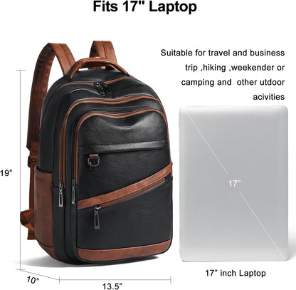 43L Backpack for Women Men - Vegan Leather Backpack Purse Travel Carry-on Bag College Bookbag Work fits 17" Laptop,Black&Brown