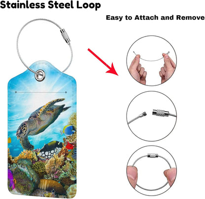 2 Pack Sea Turtle Luggage Tag for Suitcases, Cool Leather Suitcase Labels with Full Privacy Cover Id Name Card and Stainless Steel Loop, Funny Travel Identifiers Tags Luggage for Women Men Baggage