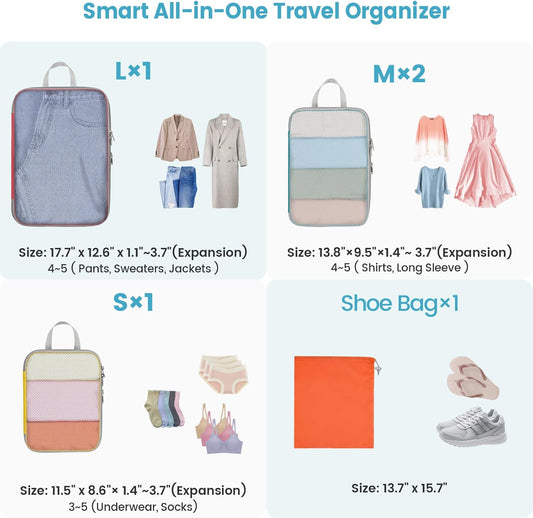 Cambond Compression Packing Cubes for Travel - 5 Set Multi-color See Through Mesh Compression Cubes for Travel Essentials, Space Saving Luggage Packing Organizers Bags for Carry on Suitcases