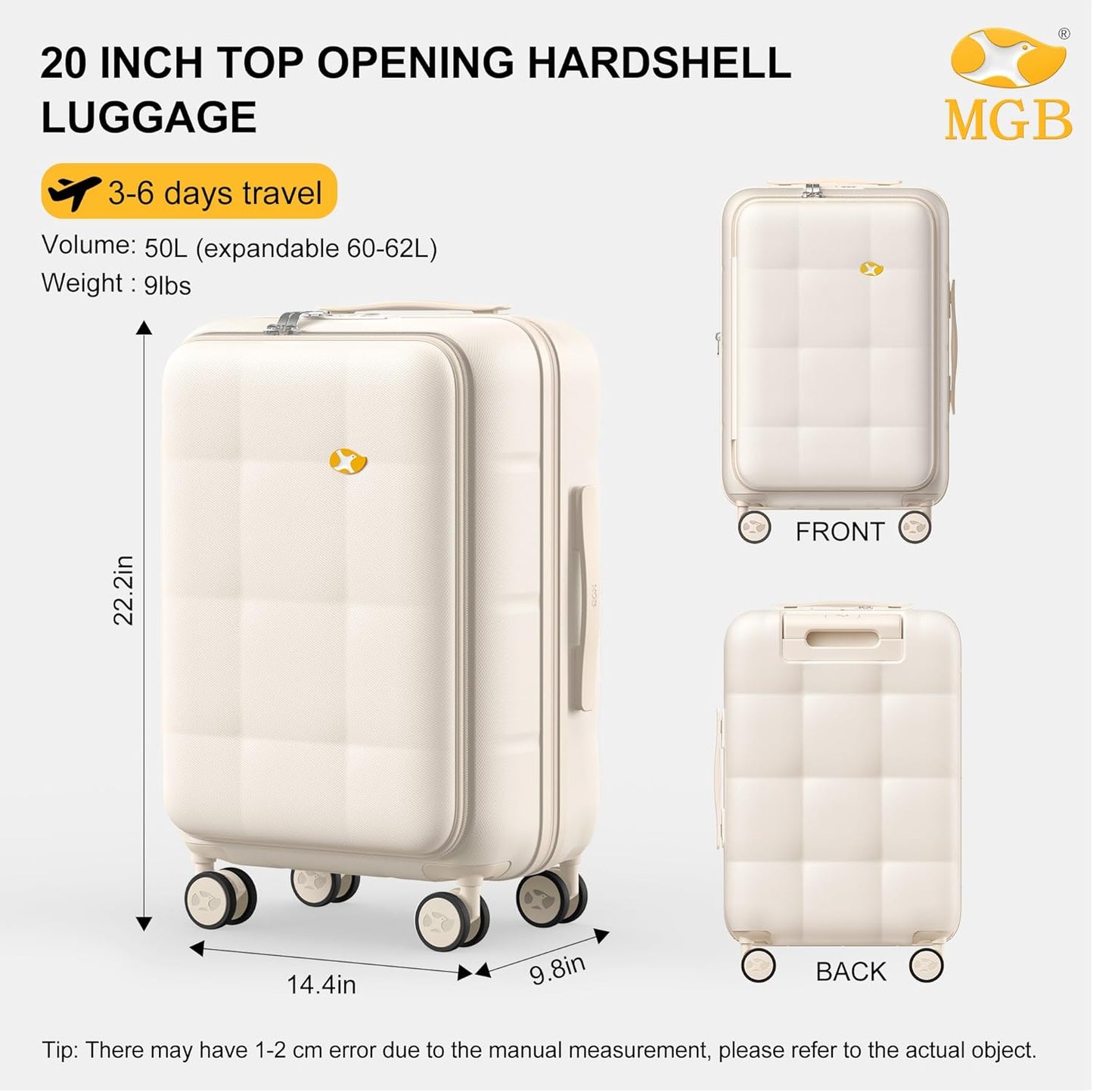 MGB 20 Inch Expandable Carry On Luggage with Wheels PC Hard Shell Suitcase Top Opening Travel Luggage Suitcases for Woman Men Gifts (Cream)