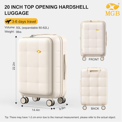 MGB 20 Inch Expandable Carry On Luggage with Wheels PC Hard Shell Suitcase Top Opening Travel Luggage Suitcases for Woman Men Gifts (Cream)