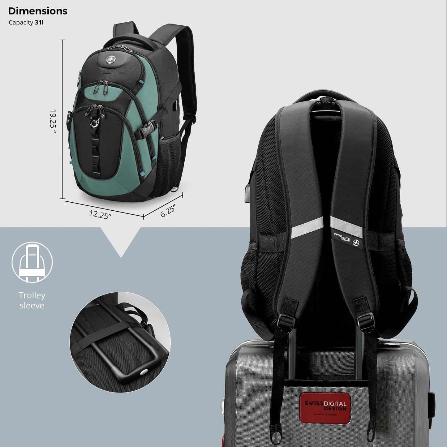 Swissdigital Design Laptop Backpack with USB Charging Port, TSA Travel Backpack Fits 15.6 inches Computer, 31L College School Backpack for Men, Lake Green/Black | SD803