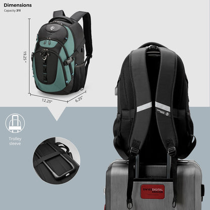Swissdigital Design Laptop Backpack with USB Charging Port, TSA Travel Backpack Fits 15.6 inches Computer, 31L College School Backpack for Men, Lake Green/Black | SD803