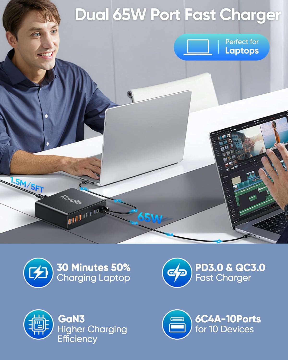 460W USB C Charger Block, 10-Port Charging Station GaN Fast Charger Block Type C & USB A Wall Charger, Dual 65W Laptop Multiport for iPhone, iPad, MacBook Pro/Air, Samsung Galaxy, Android(Black)