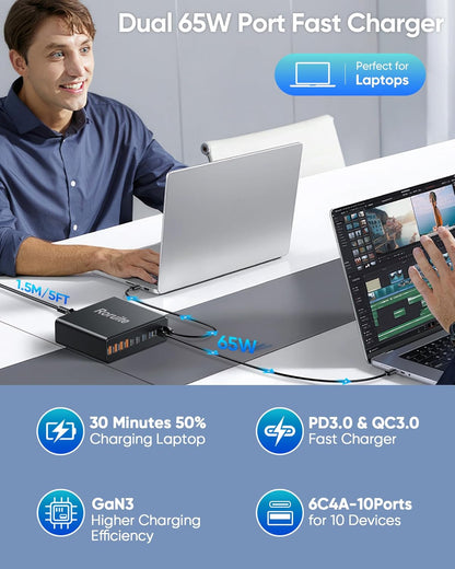 460W USB C Charger Block, 10-Port Charging Station GaN Fast Charger Block Type C & USB A Wall Charger, Dual 65W Laptop Multiport for iPhone, iPad, MacBook Pro/Air, Samsung Galaxy, Android(Black)