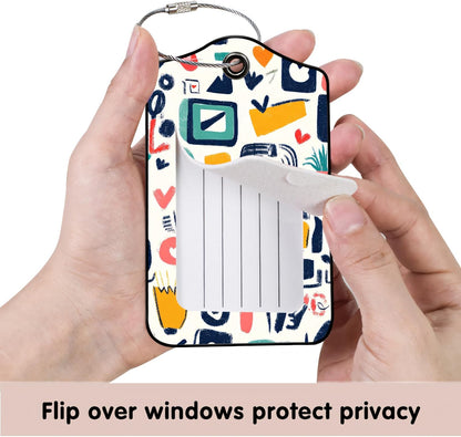 Luggage Tags for Suitcases, 2-Pack PU Leather for Cruise & Travel, Baggage ID Tags with Privacy Cover & Address Card, Durable Metal Ring, Kids Adults Travel Accessories, Abstract Doodles