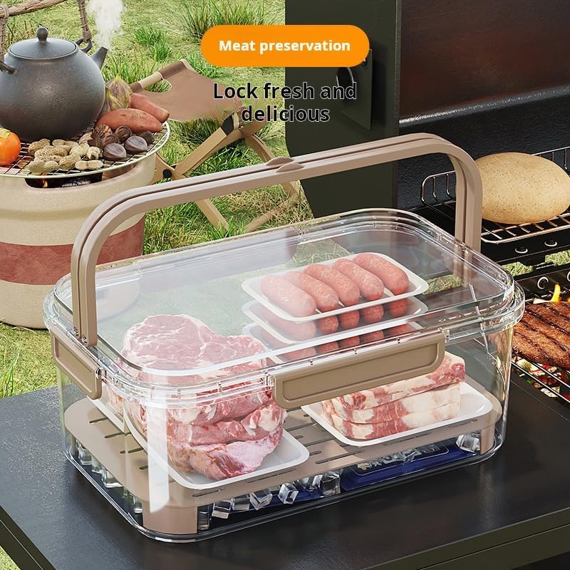 Portable Food Storage Container with Handle, Large Capacity Leakproof Lunch Box with Drain Tray, Clear Airtight Organizer for Fruits, Picnic, Camping & Refrigerator Storage