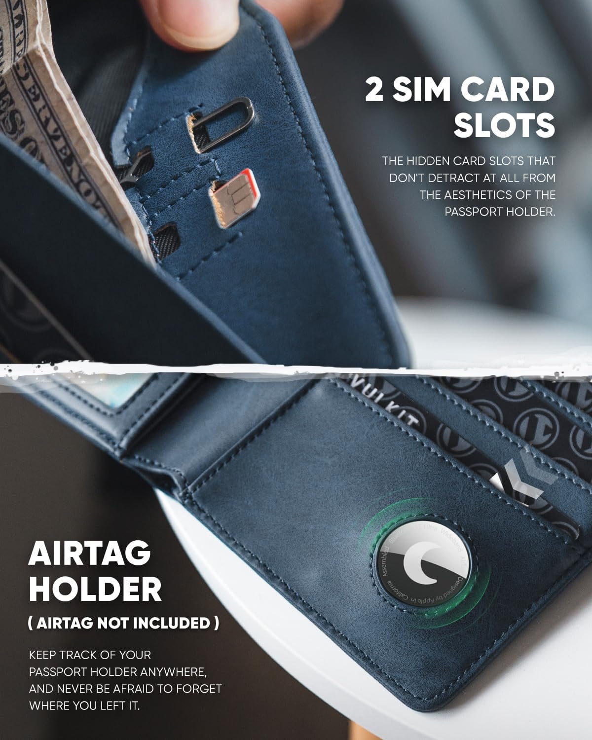 VULKIT Passport Holder with Airtag Holder RFID Blocking Passport Wallet Travel Leather Passport for Women(Navy)