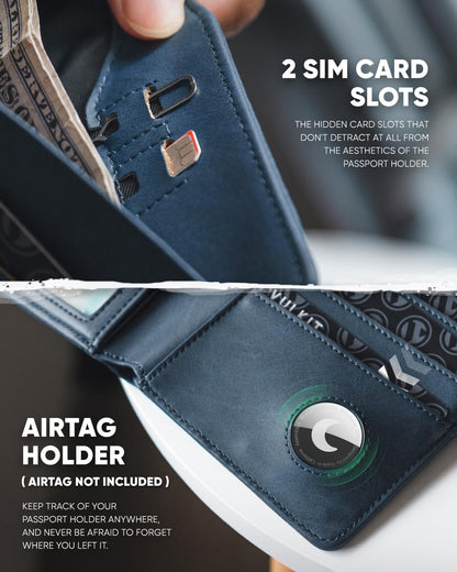 VULKIT Passport Holder with Airtag Holder RFID Blocking Passport Wallet Travel Leather Passport for Women(Navy)