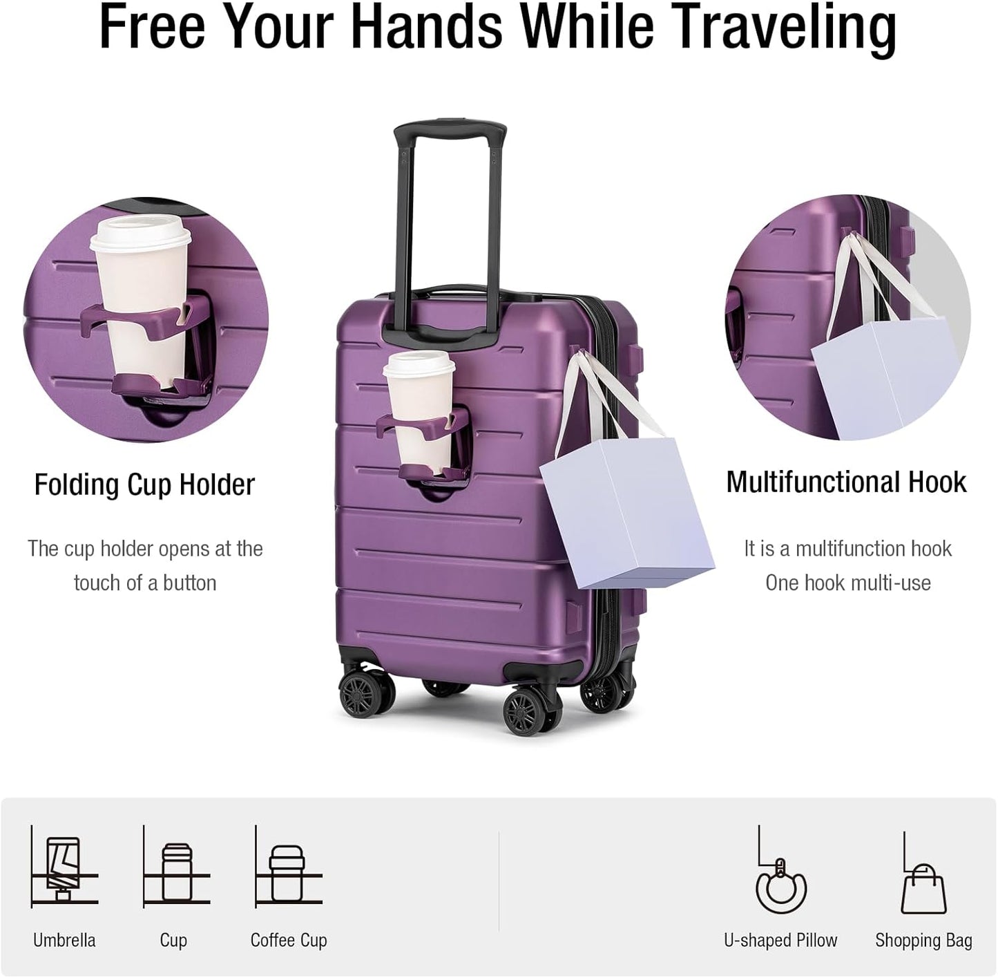 KYME Hardside Expandable Carry On Luggage 22x14x9 Airline Approved with TSA Lock Hardshell Carry On Suitcase with Wheels Small Travel Rolling 20 Inch Luggage with Cup Holder for Women Dark Purple