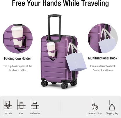 KYME Hardside Expandable Carry On Luggage 22x14x9 Airline Approved with TSA Lock Hardshell Carry On Suitcase with Wheels Small Travel Rolling 20 Inch Luggage with Cup Holder for Women Dark Purple