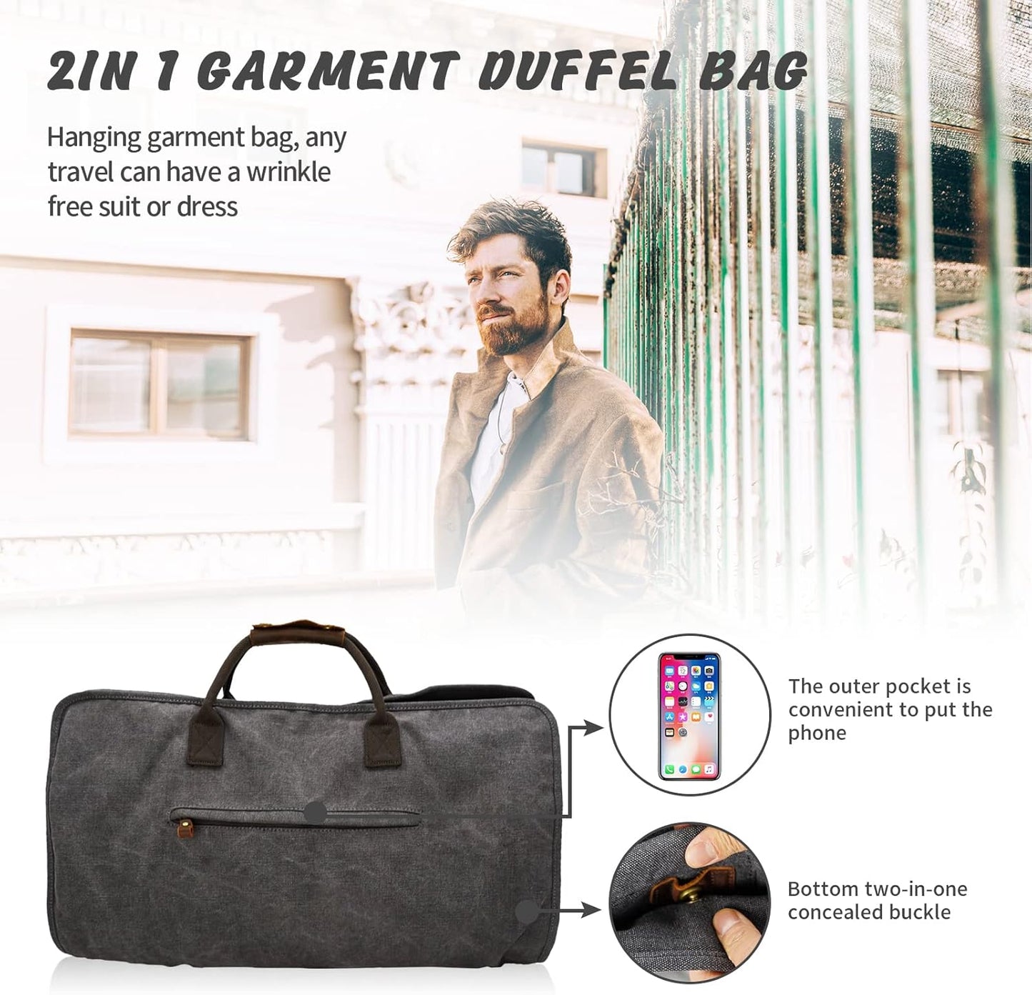 2 in 1 Canvas Leather Suit Luggage Garment Bag with Shoulder Strap for Travel and Business Trips (Grey)