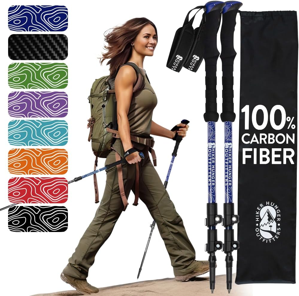 100% Carbon Fiber Trekking Poles by USA Brand - Ultra Strong Lightweight Collapsible Hiking Poles with Cork and EVA Foam Grips & Quick Adjustable Flip Locks