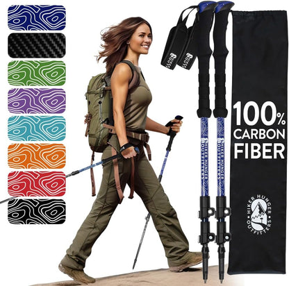 100% Carbon Fiber Trekking Poles by USA Brand - Ultra Strong Lightweight Collapsible Hiking Poles with Cork and EVA Foam Grips & Quick Adjustable Flip Locks