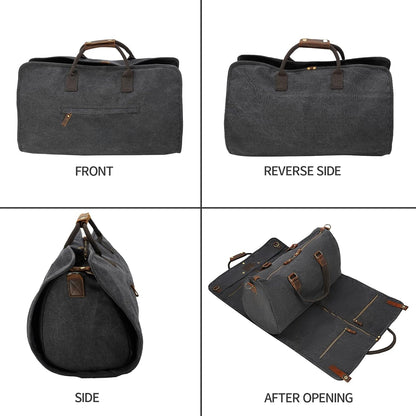 2 in 1 Canvas Leather Suit Luggage Garment Bag with Shoulder Strap for Travel and Business Trips (Black)