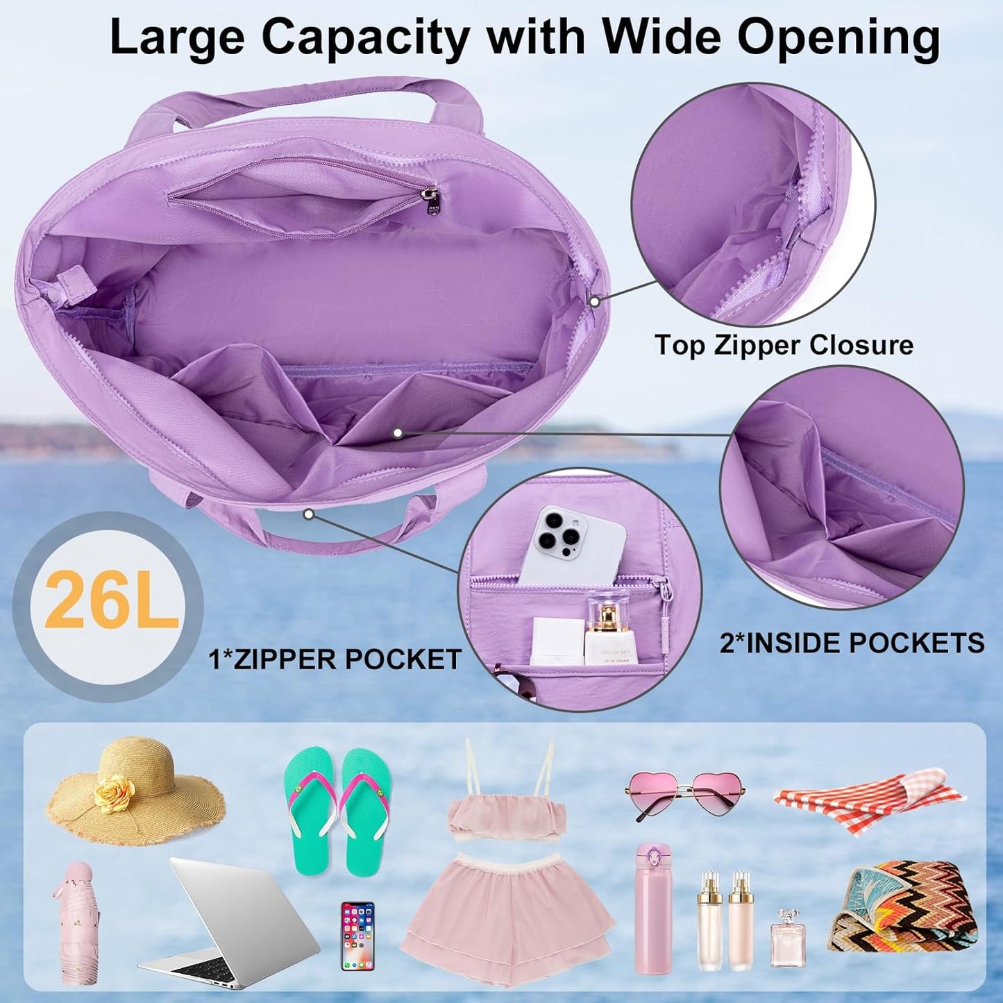 LEDAOU Beach Bags for Women, Beach Bags Waterproof Sandproof, Packable Beach Tote Bag with Zipper Travel Sports