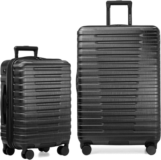 U.S. Traveler Boren Polycarbonate Hardside Rugged Travel Suitcase Luggage with 8 Spinner Wheels, Aluminum Handle, Black, 2-Piece Set, USB Port in Carry-On