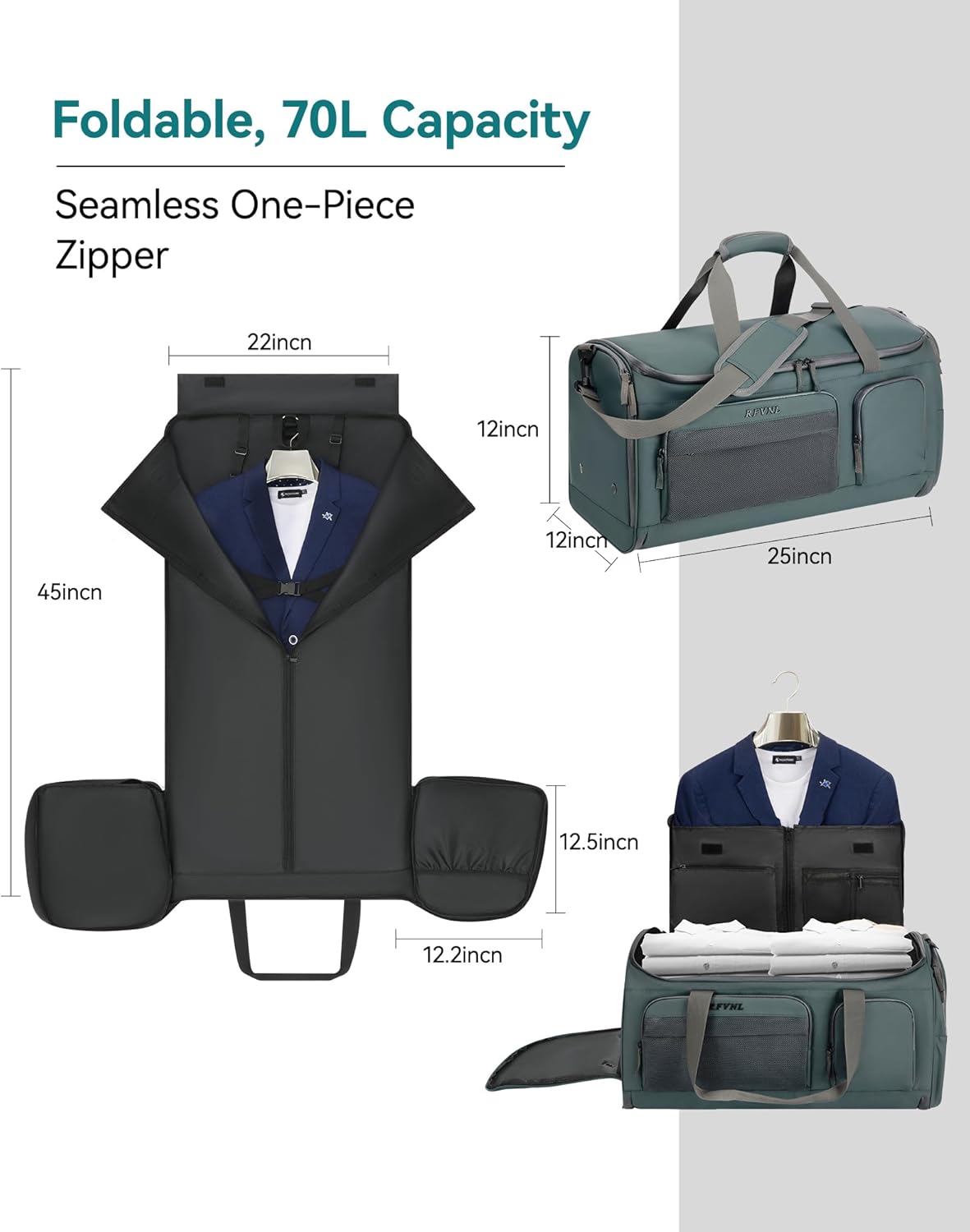 Large 3 In 1 Waterproof Garment Duffle Bags for Travel with Shoe Compartment, Mens Carry On Convertible Garment Bags for Travel Combo with Wet Compartment, Suit Bag Travel for Men and Women (green)