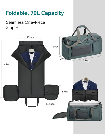 Large 3 In 1 Waterproof Garment Duffle Bags for Travel with Shoe Compartment, Mens Carry On Convertible Garment Bags for Travel Combo with Wet Compartment, Suit Bag Travel for Men and Women (green)