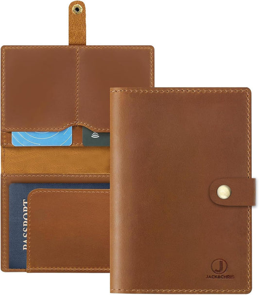 Jack&Chris Genuine Leather Passport Holder For Travel, RFID Blocking Handmade Passport Holder with Card Case Organized & Safe, Quality Travel Essentials for Women and Men for Gifting, Light Brown