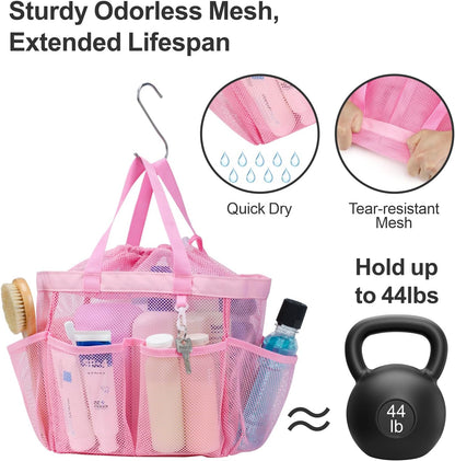 F-color Mesh Shower Caddy Portable with Drawstring - Upgrade Deeper 7 Pockets Dorm Room Essentials for Guys Girls with S Hook, Shower Bag Basket Tote for College Camping Toiletry Bathroom, Pink