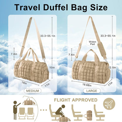 Quilted Travel Duffle Bag Gym Bag for Women,Large Puffer Duffle Weekender Bag with Compartment,Workout Overnight Carry on Organizer Bag Duffle Bag for Airplane Travel(L-Khaki)